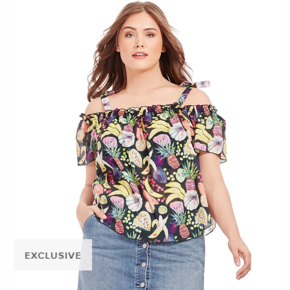 Rachel Antonoff Black Tropical Fruit Off-Shoulder Blouse